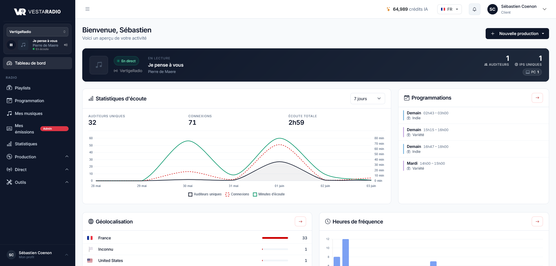Manager radio tableau de bord