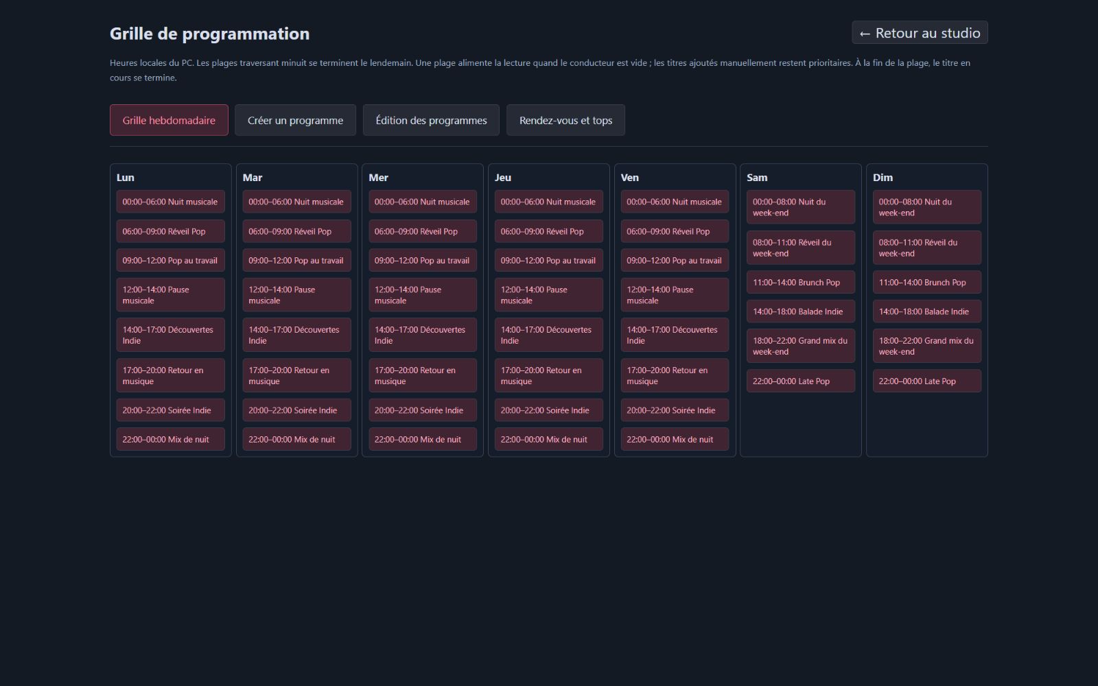 Capture de la grille hebdomadaire avec programmes du lundi au dimanche, horaires et onglets de création et édition